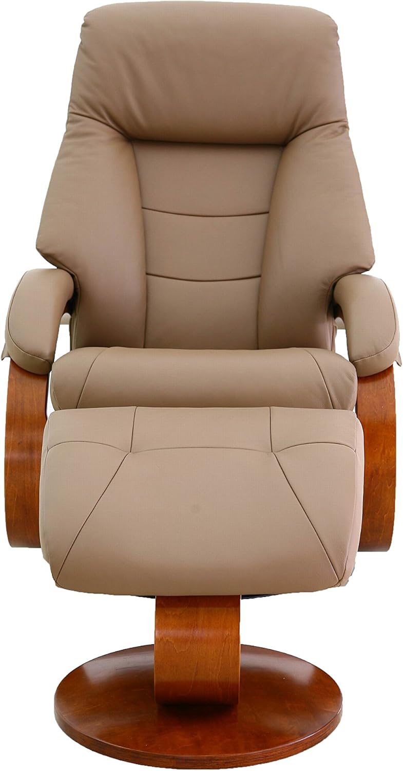 Sand Top Grain Leather Swivel Recliner with Walnut Base