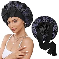 Vista 27 de Gorro de satén para dormir de doble capa con banda elástica para cabello rizado, gorro nocturno (pasta de frijol + rosa)