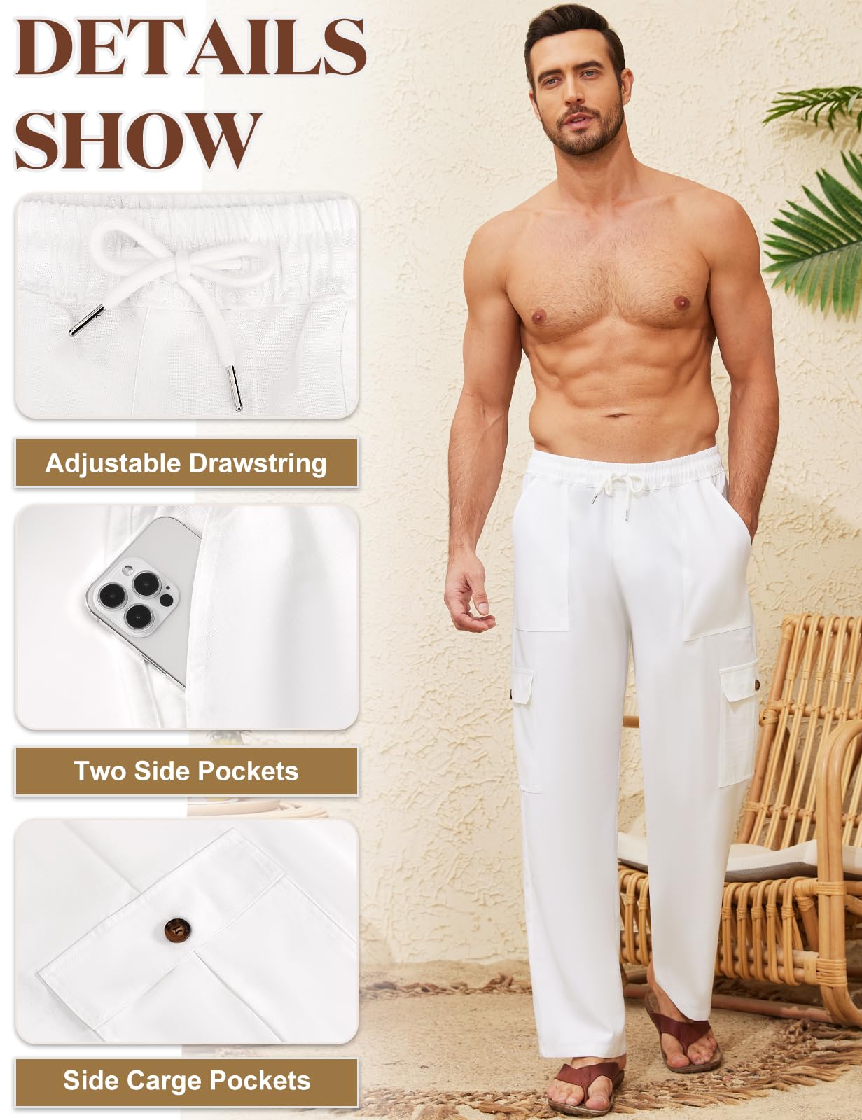 Voqeen Pantaloni Lino Uomo Estivi Pantalaccio Uomo Estivo Casual Pantaloni Elasticizzati in Vita con Tasche Cargo Pantalone di Lino Leggeri da Spiaggia Larghi