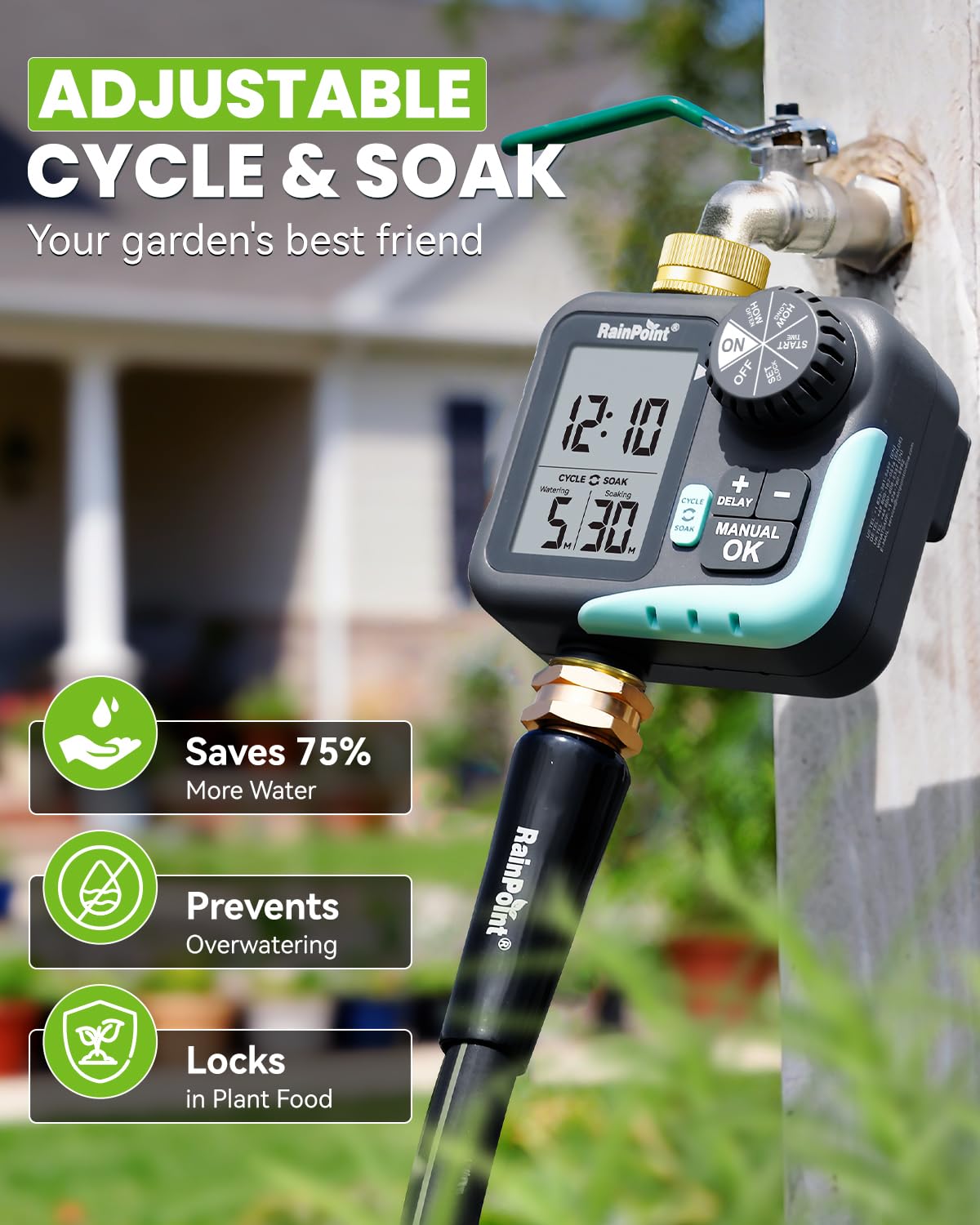 RAINPOINT Timer irrigatore per tubo da giardino, timer per tubo flessibile con ciclo e ammollo/ritardo pioggia/irrigazione automatica/irrigazione manuale, sistema di irrigazione programmabile con