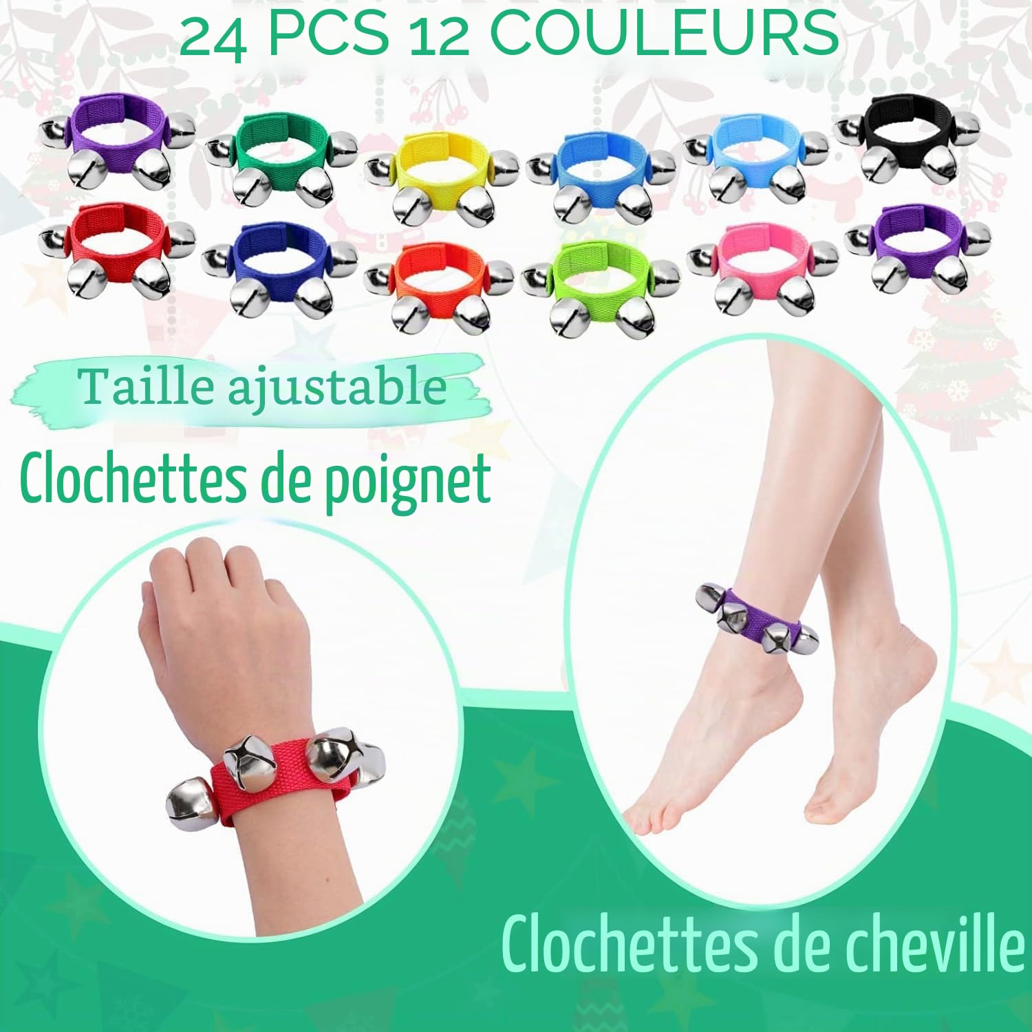 LATERN 24 Pièces Bracelet Jingle Bells, 12 Couleurs Cloches de Poignet Cloches Musicales de Cheville Percussions pour Instruments Rythmiques pour Adultes Bébé Noël Décoration Cadeaux de Fête