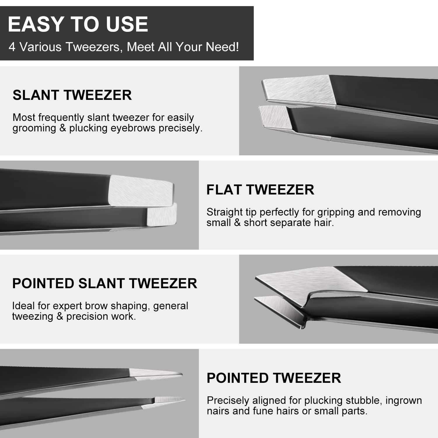 Tweezers Set, 4 pcs Professional Stainless Steel Tweezers, Eyebrow Tweezer Set with Travel Case for Eyebrows, Facial Hair, Ingrown Hair, Splinter and Blackhead (Black)…