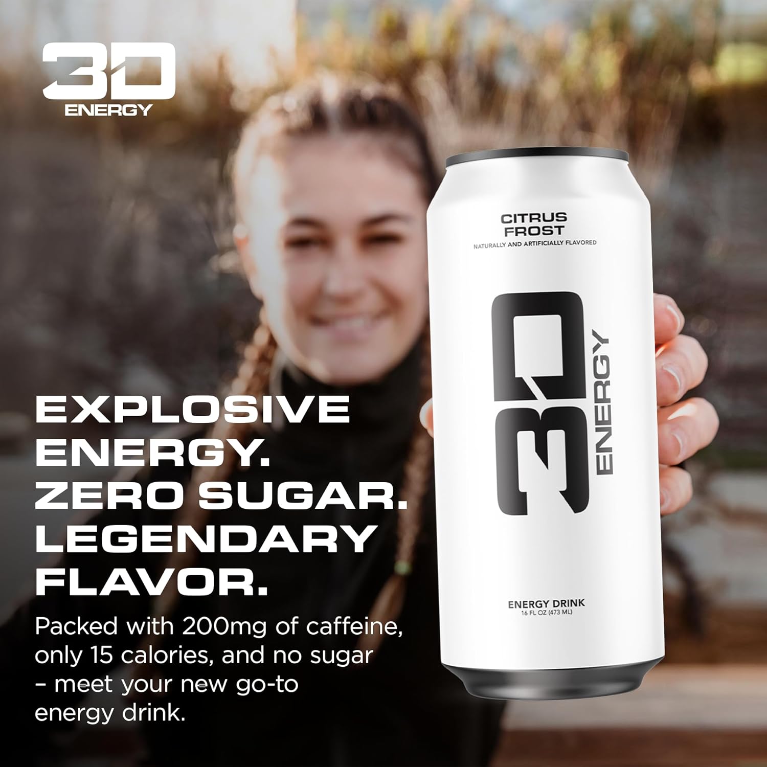 3D Energy Drink – Sugar Free, 200mg Caffeine, Pre Workout, Taurine, L-Carnitine, Lightly Carbonated, 16oz Cans, 12 Pack - White