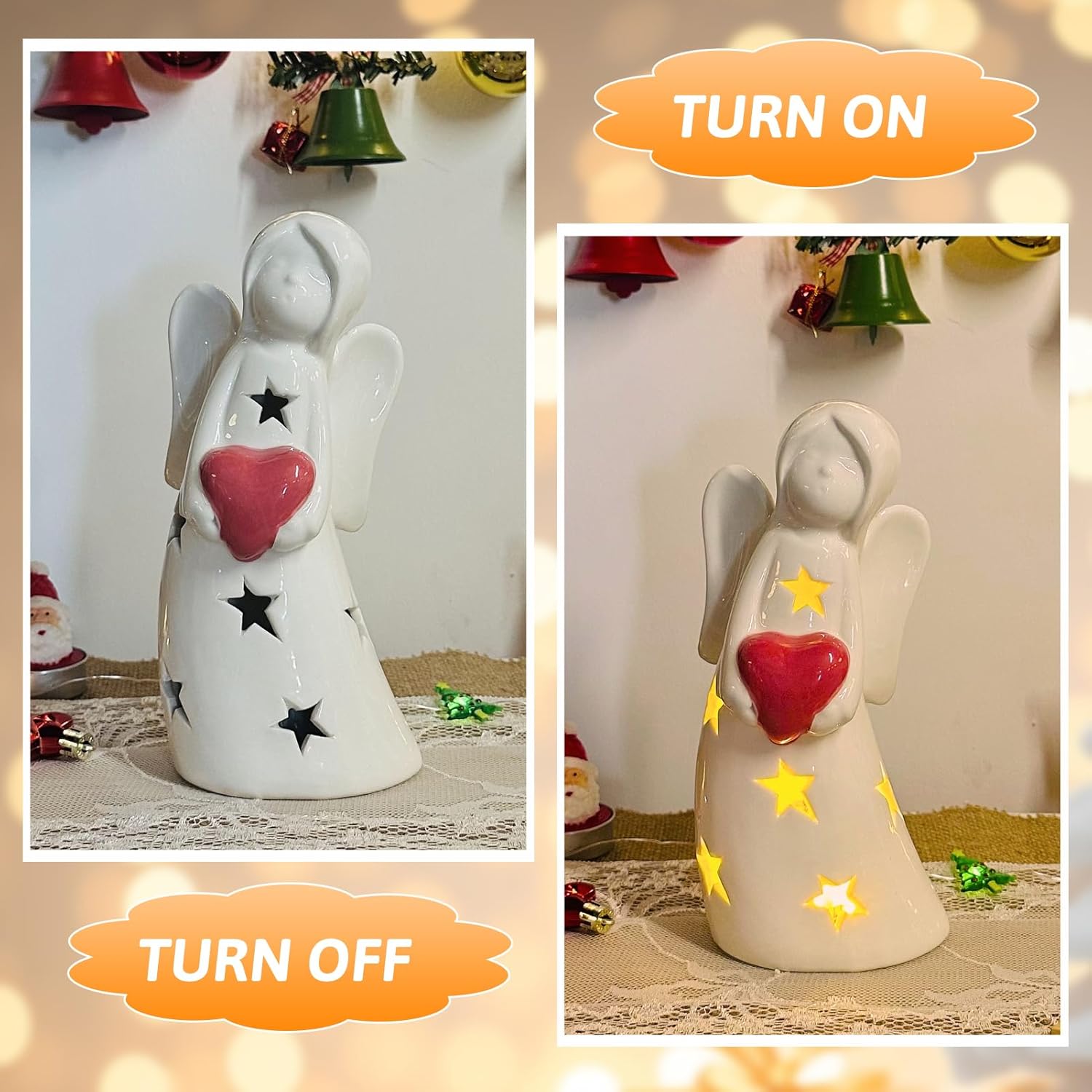 Guardian Angel Figurines with Light, Porcelain Angels Statue Decor with Painted Pink Heart 8 inch Healing Angel Statue, Ceramic Angel Memorial Gifts for Women Thanksgiving Christmas Home Decor - Image 6