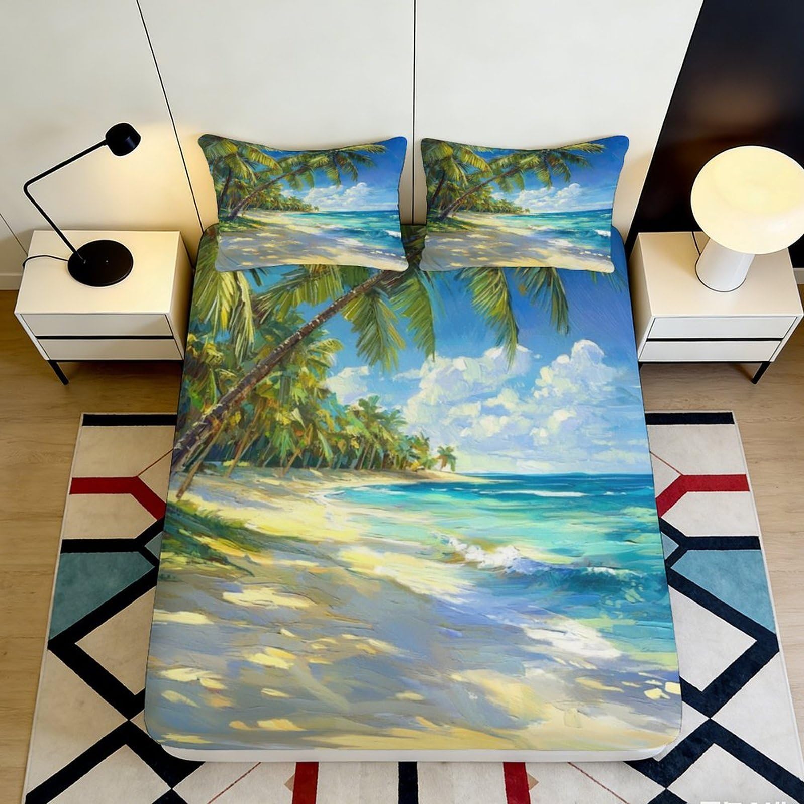 Pnayamiorkfel Style-7 3D Printed Tropical Beach Fitted Sheet Microfiber Soft Breathable Ocean Palm Mattress Cover For Bedroom Guest Room Decor 90X200x25cm