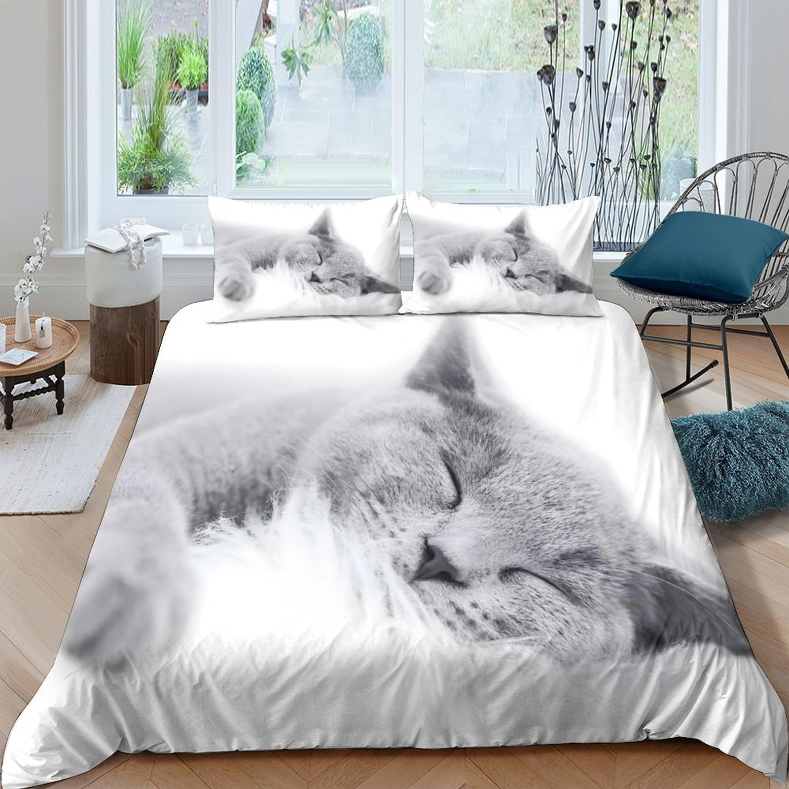 Ctjqhvkz Style-3 3D Printed Sleeping Cat Fitted Sheet Microfiber Soft Breathable Kitten Bed Cover Bedroom Mattress Protection Decor Single（135X200cm）