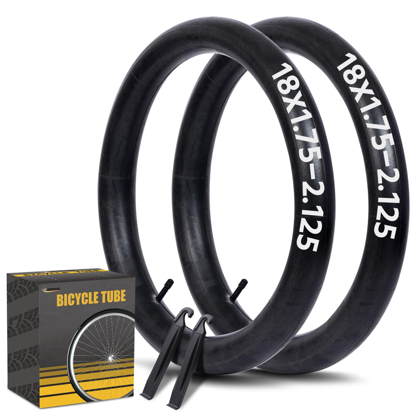 2 Pack 18 Inch Bike Tube AV32mm Schrader Valve, Bicycle Inner Tube with 2 Tire Levers Fit 18 x 1.75/1.9/1.95/2.0/2.1/2.125, Butyl Rubber Inner Tube for Kids/Mountain/MTB Bike