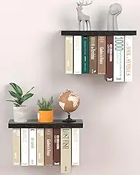 2 Estantes Flutuantes de Madeira Natural Paulownia, Prateleiras de Livros Montadas na Parede, Estilo Minimalista, Preto