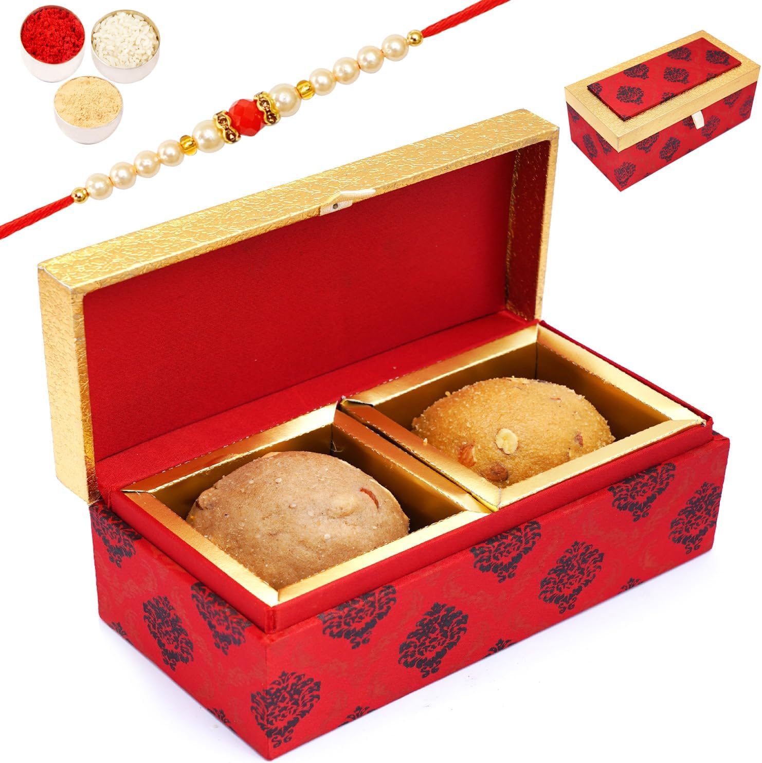 Ghasitaram Gifts Rakhi Gifts for Brothers 2 Laddoo Box of Panjeeri Laddoo and Besan laddoo with Pearl Beads Rakhi
