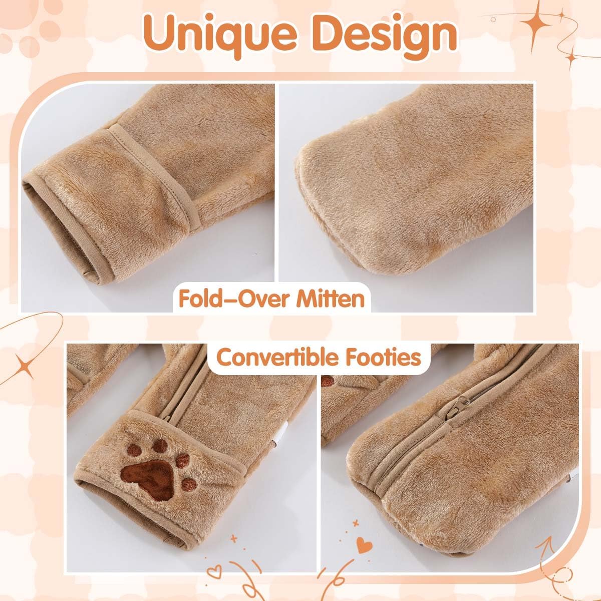 Fairy Baby Newborn Baby Bear Outfit With Fold-Over Mittens Footies Thin Fleece Romper Hooded Jumpsuit Winter Coat Girls Boys - Image 4