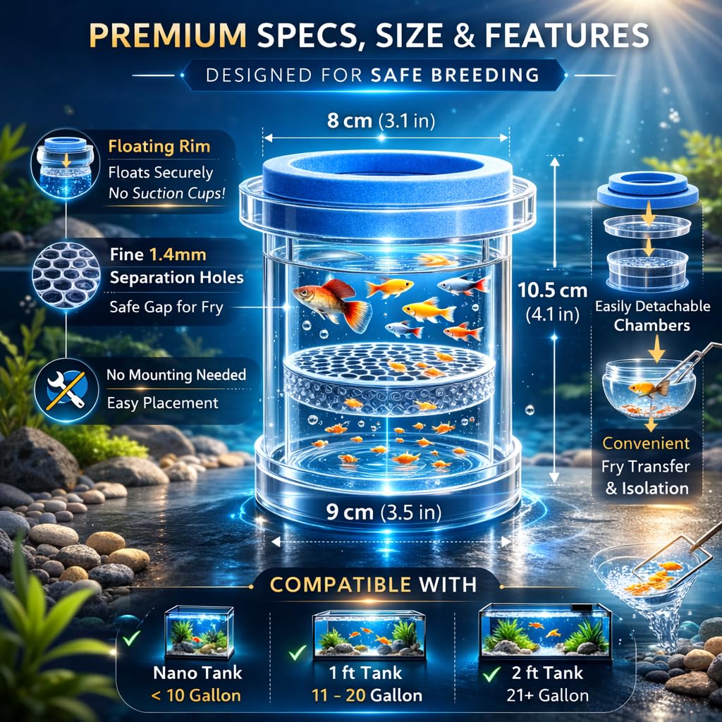 VAYINATO® Floating Fish Breeder Box for Aquarium – 11.5cm Double Layer Isolation Incubator with Foam Collar | Clear Fry Protection Box for Guppy, Betta & Small Fish 1