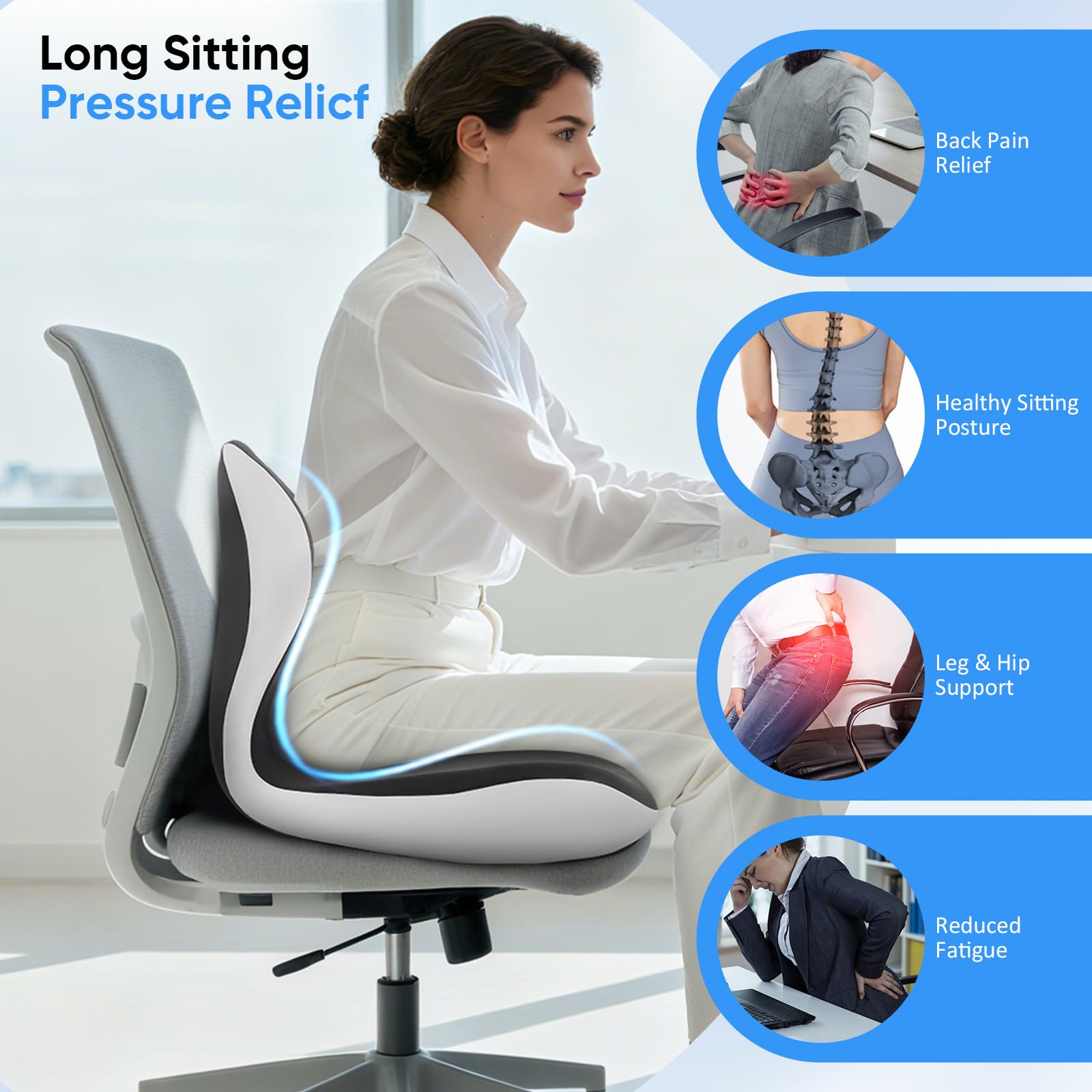 Forma L Cojín Silla Oficina, Cojín Ergonómico para Silla de Oficina con Respaldo, Asiento en Espuma de Memoria, con Zona Hueca y Transpirable, Soporte Columna Vertebral, Asiento para Coche, Sillón