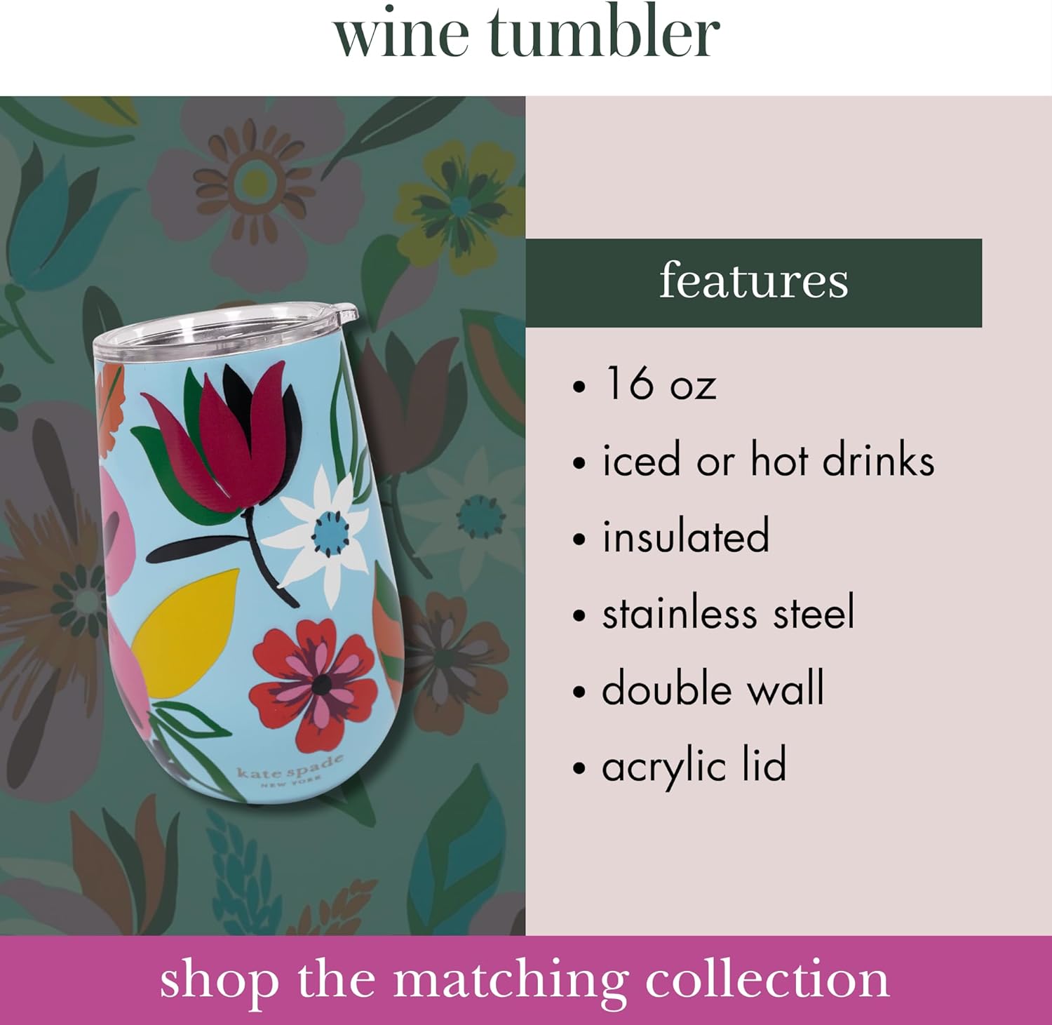 kate spade new york Insulated Stainless Steel Wine Tumbler, 16 Ounce Double Wall Tumbler, Pink Stemless Travel Cup with Lid, Safari Floral - Image 3