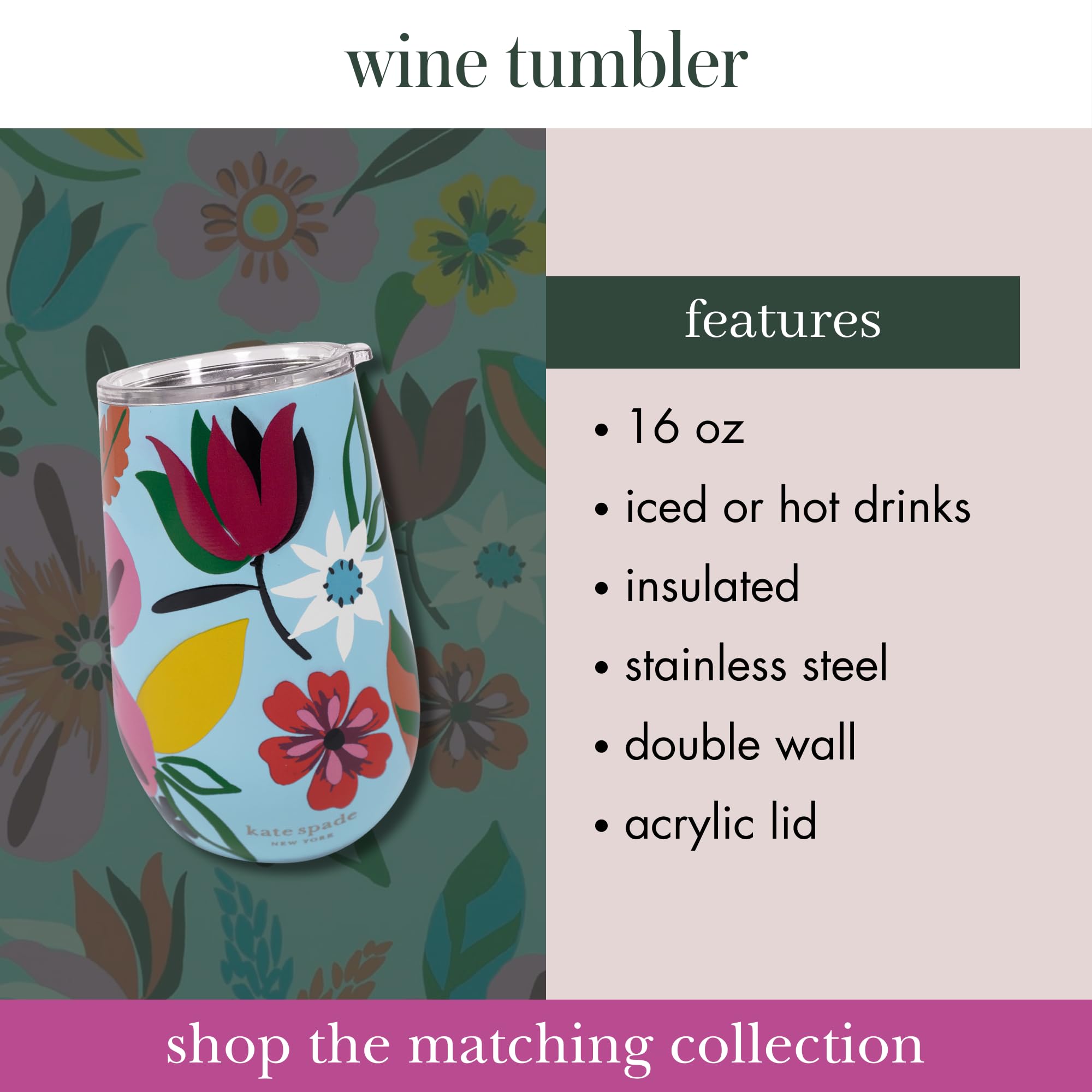 kate spade new york Insulated Stainless Steel Wine Tumbler, 16 Ounce Double Wall Tumbler, Pink Stemless Travel Cup with Lid - Image 3