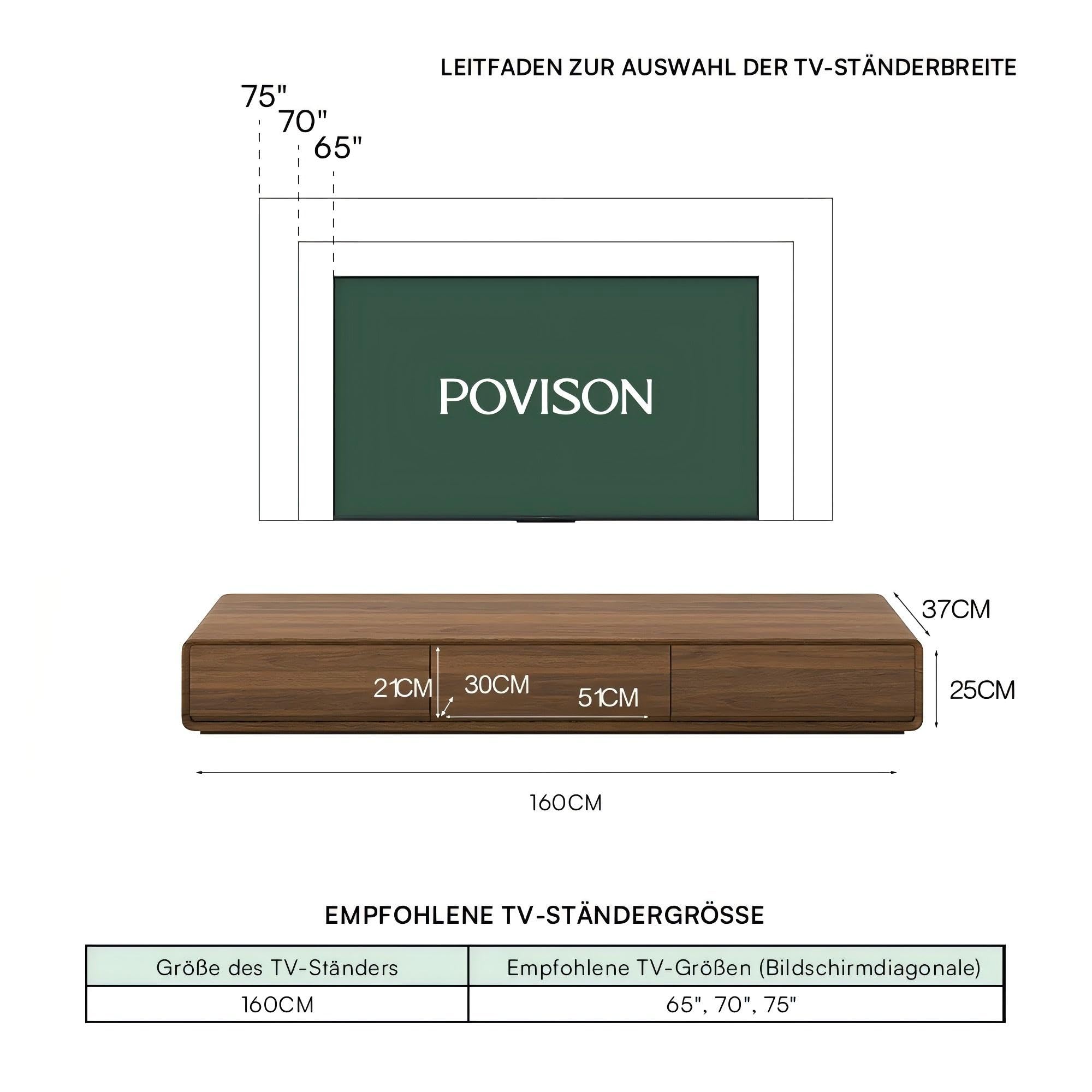 POVISON TV Schrank schwebend 160cm modern Walnussholz aus Massivholz mit 3 Schubladen, TV Lowboard hängend mit Kabelmanagement hochwertig, Komplettmöbel mit Stauraum für Wohnzimmer