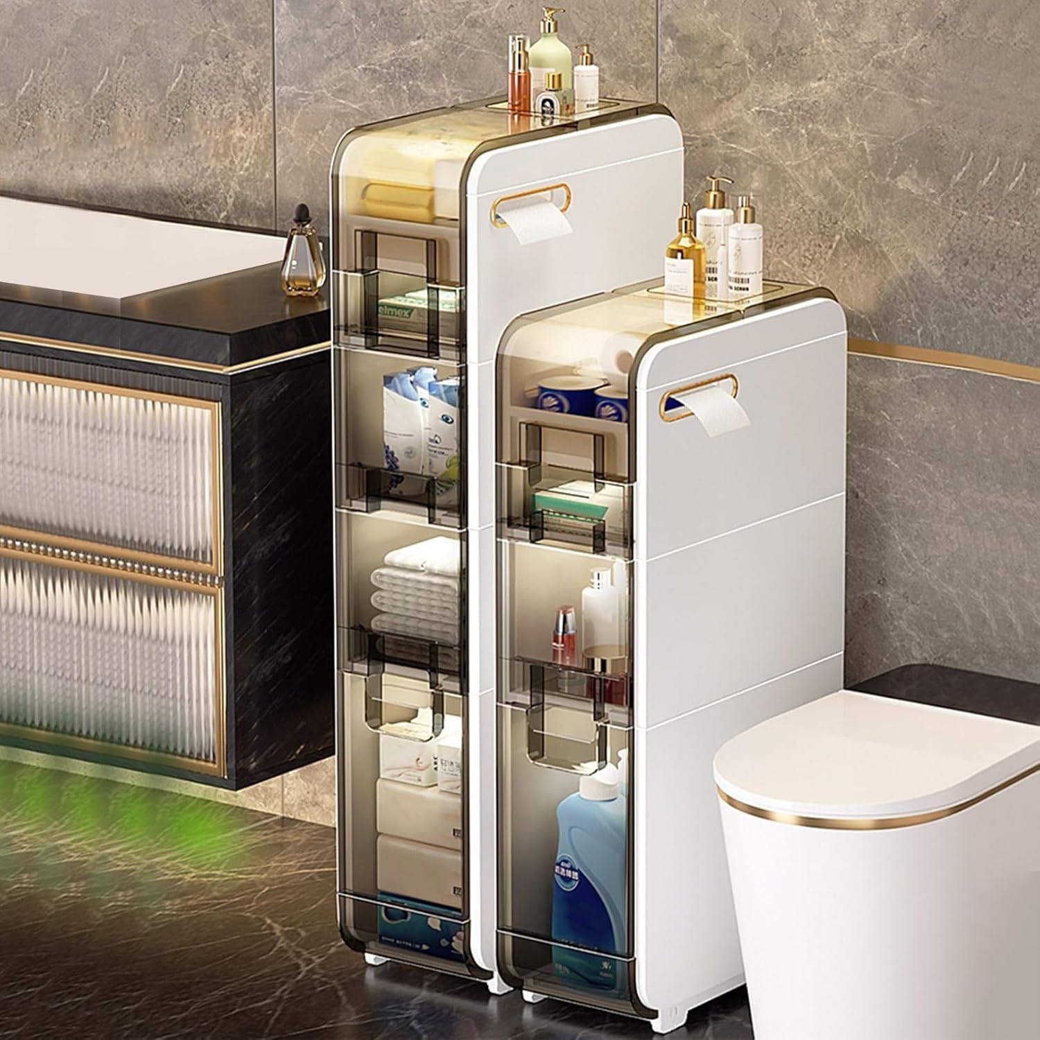 Armadietto portaoggetti stretto con cassetto multistrato e 4 ruote per una facile mobilità, 18 cm per WC e lavanderia (2 ripiani)