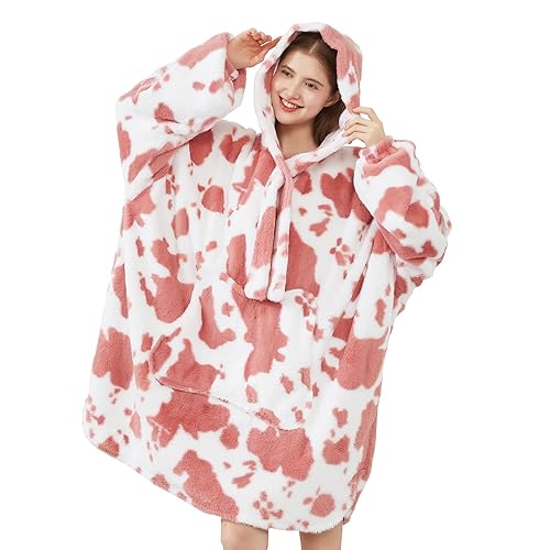 Softan Blanket Hoodie, Oversized Wearable Blanket for Adult Women and Men Gifts, Super Cozy Warm and Soft Hooded Blanket Sweatshirt, Pink Cow Print Faux Fur Blanket Sweatshirt with Large Pocket - Pink Cow - Large