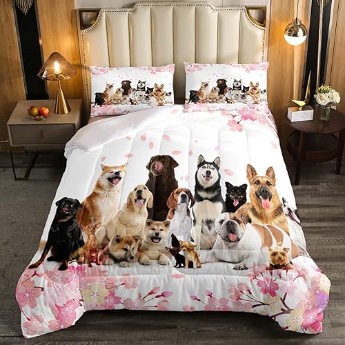 Erosebridal Juego de edredón para perros y niños, ropa de cama con estampado de cachorros, decoración de flor de cerezo rosa, bonito juego de