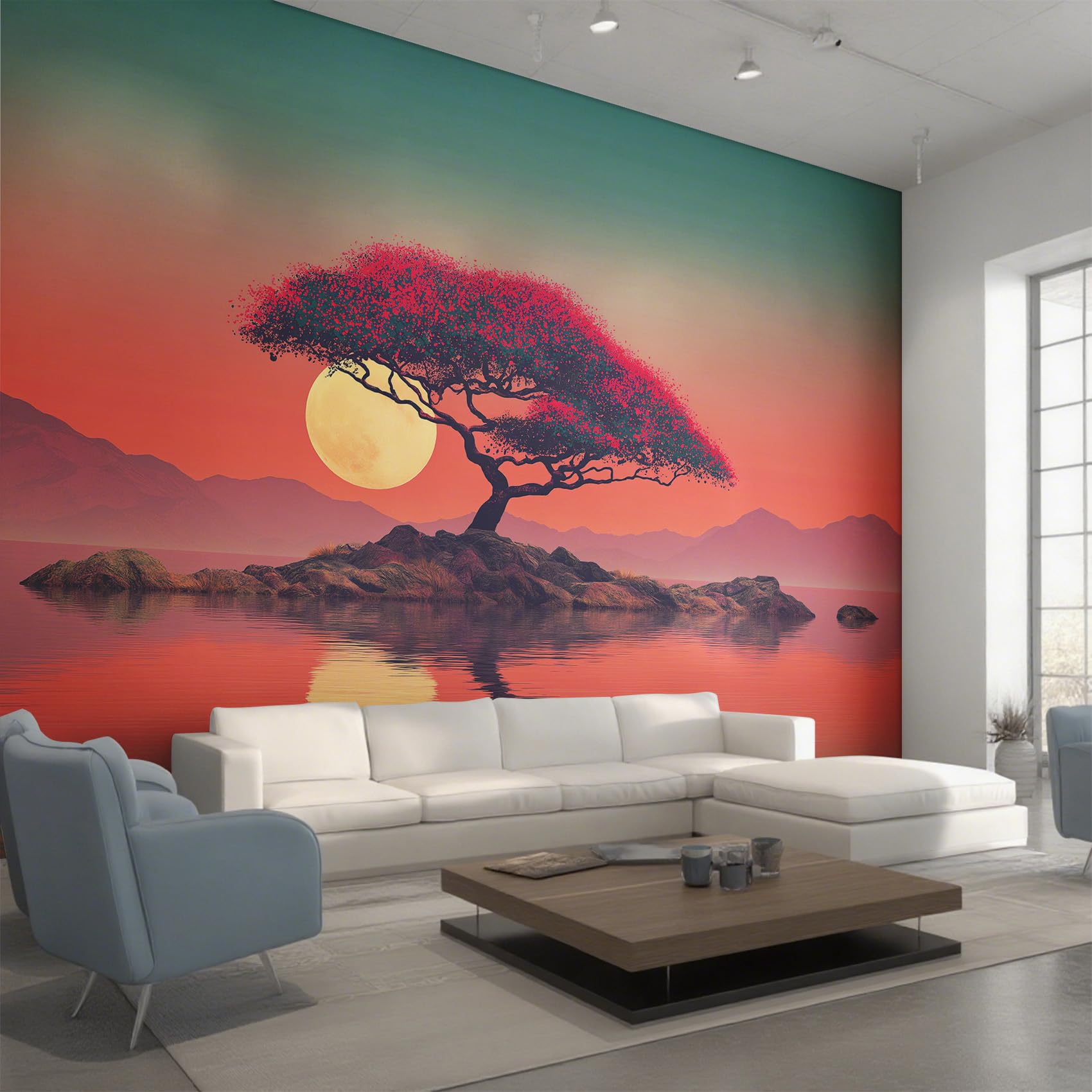 Papier peint panoramique arbre rouge pour salon chaleureux | Grand paysage naturel 450x315