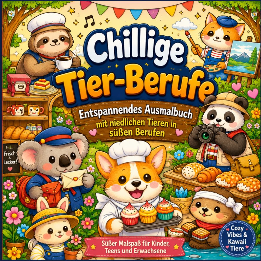 Chillige Tier-Berufe Entspannendes Ausmalbuch mit niedlichen Tieren in süßen Berufen und gemütlichen Alltagsszenen: Kawaii-Tiere beim Backen, Malen, ... Malspaß für Kinder, Teens und Erwachsene
