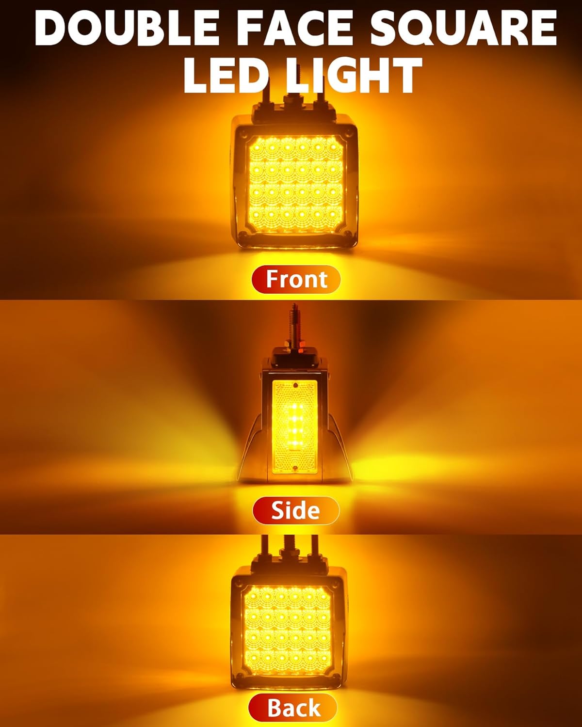 2PCS Amber Square Double Face 60 LED Turn Signal Lights w/Chrome Visor Stud Mount Waterproof Pedestal Fender Lights for Heavy Truck Trailer Freightliner Peterbilt Kenworth Mack Western Star
