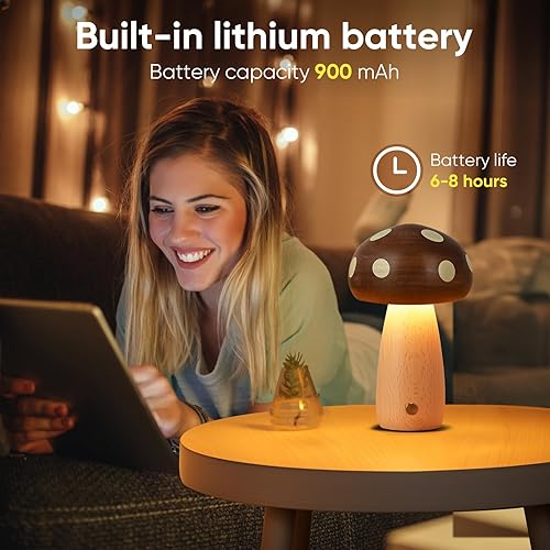 Miniatura 5 de Paquete de 2 lámparas de mesa LED de madera con forma de hongo, lámparas pequeñas recargables inalámbricas táctiles, luz nocturna inalámbrica de