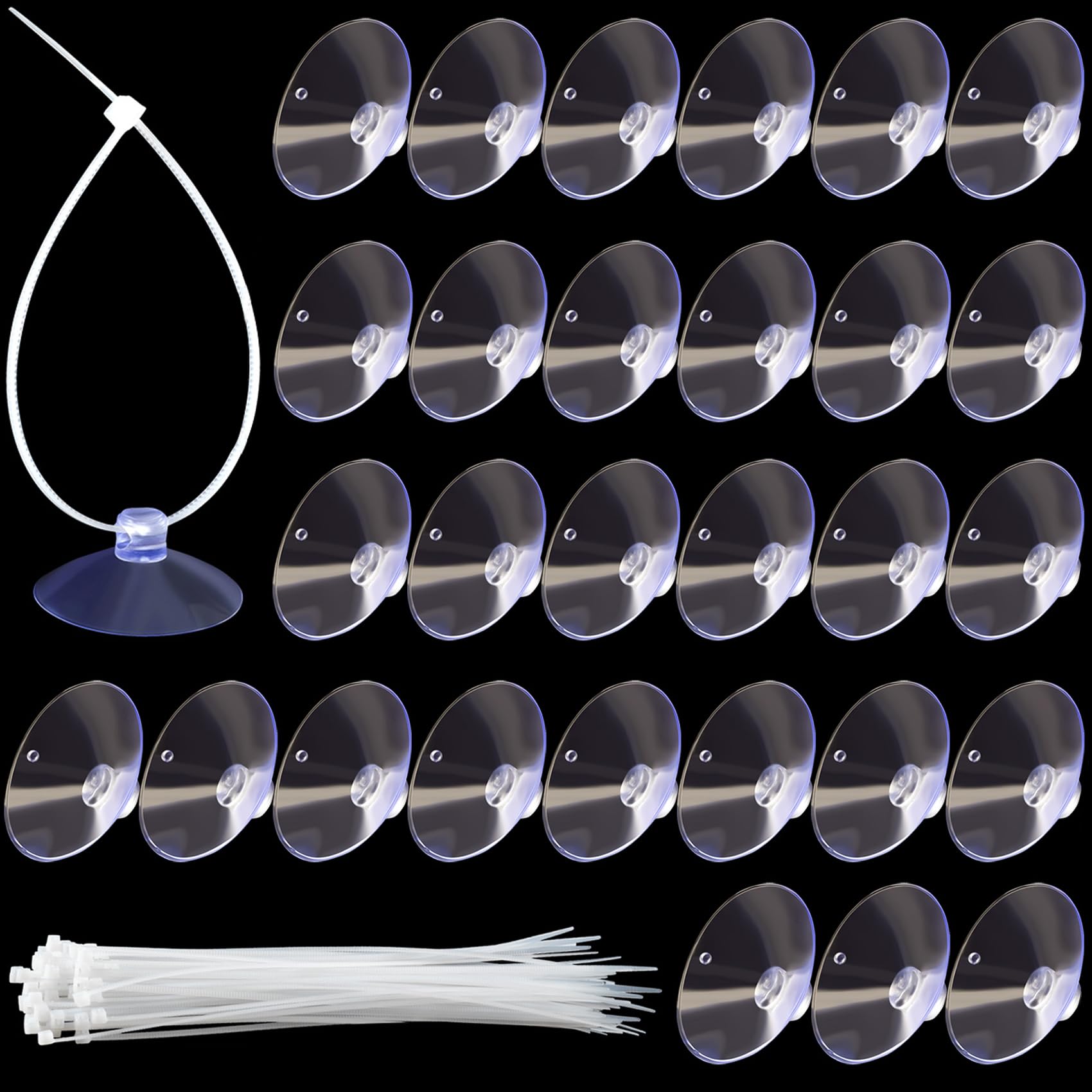 STSTR 30PCS 35mm Suction Cups, Removable Small Suction Cups with 50PCS Clear Zip Ties, No Damage Rubber Anti-Collision Window Sucker Pad for Hanging, Home Organization