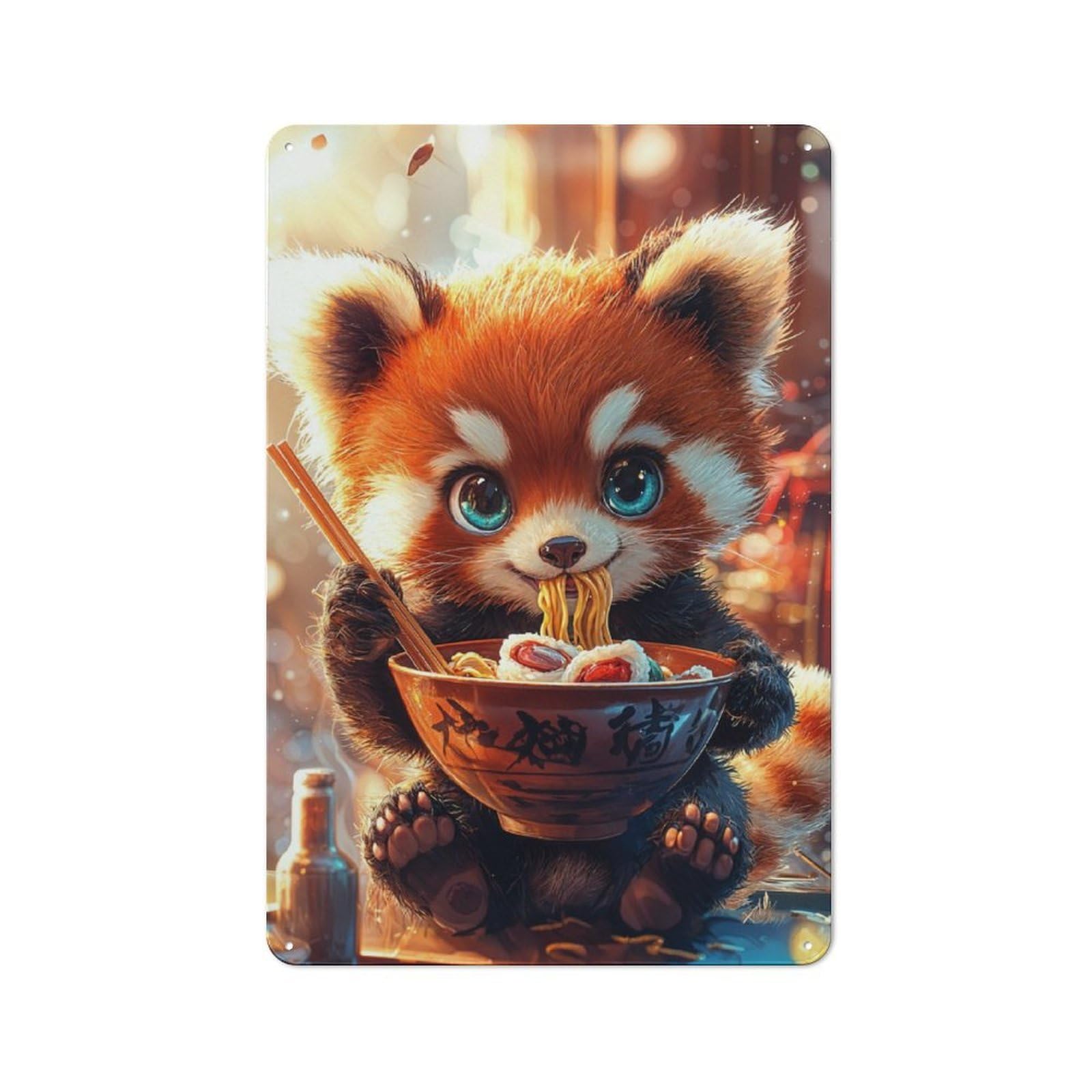 Junmoney Red Panda Eating Ramen Rustic Metal Wall Decor 30X20cm, Decorative Tin Plaque For Pub, Home Bar, Shed Or Man Cave
