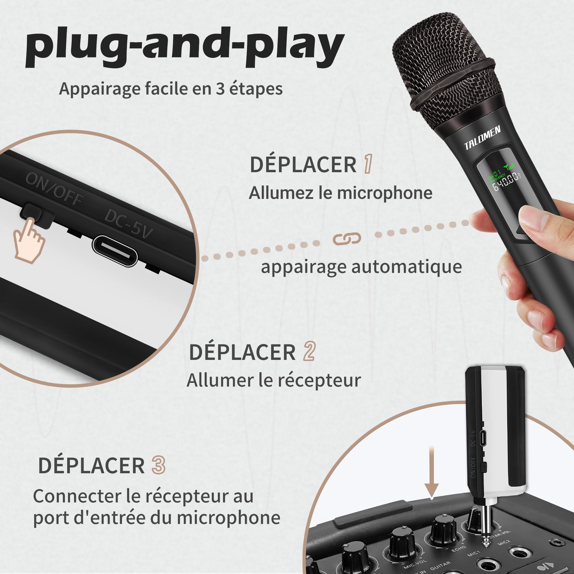 Talomen Microphone sans Fil Professionnel, Système de Microphones Quadruple 2,4 GHz, Micro Karaoké Dynamique Rechargeable avec Récepteur, Portée 160ft, K604 Argent Noir Vert Pourpre