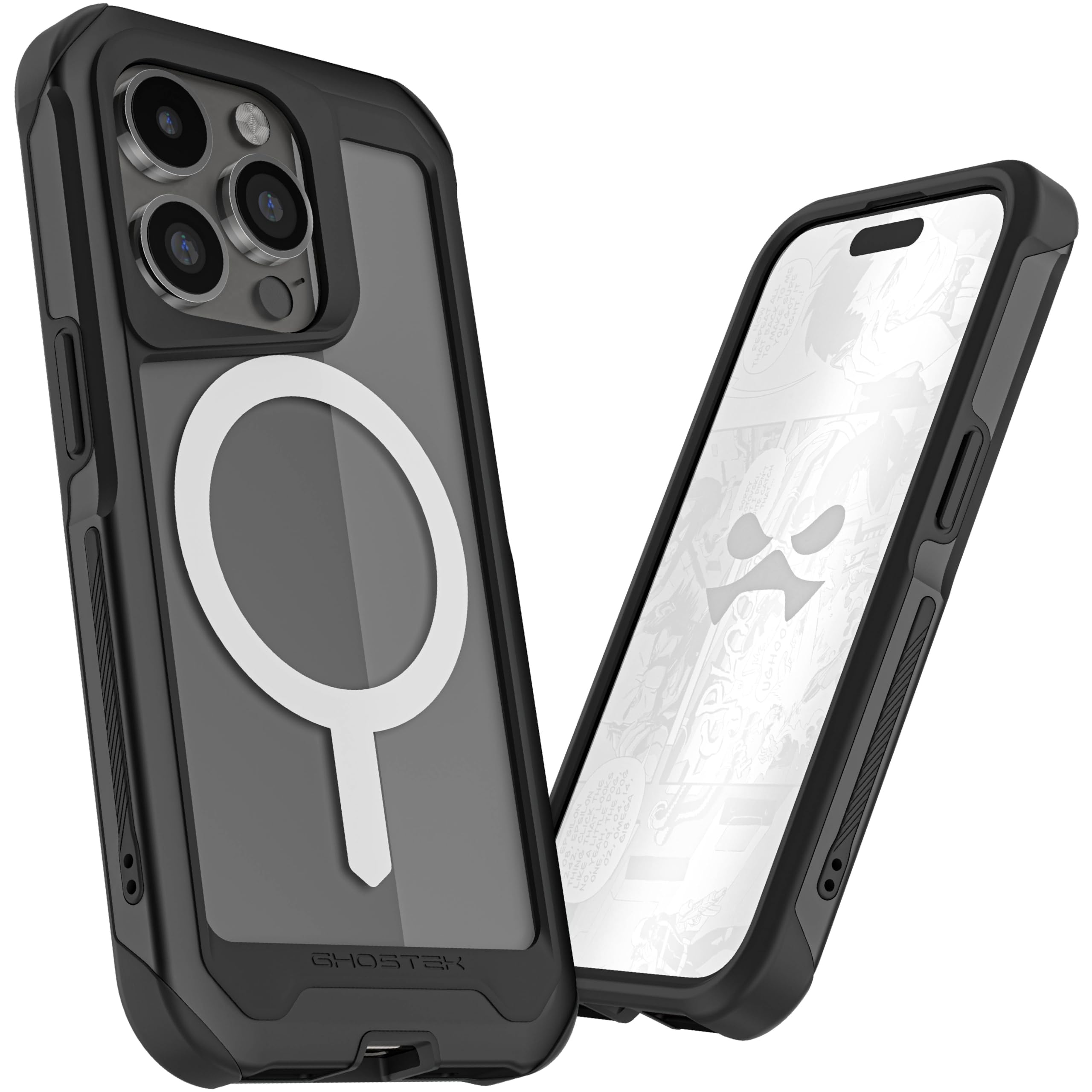 GhostekAtomic Slim iPhone 15 Pro Case, Compatible with MagSafe Accessories, Aluminum Metal Bumper, Shockproof Drop Protection (6.1 Inch, Black)