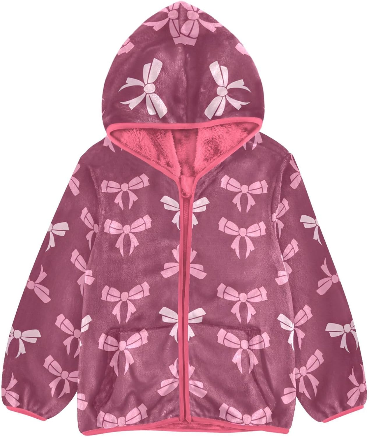 Girls Hoodie Outfit White Pink Bows Pattern Zipper Sweatshirt Coat Fleece Jacket for Kids 3-10T