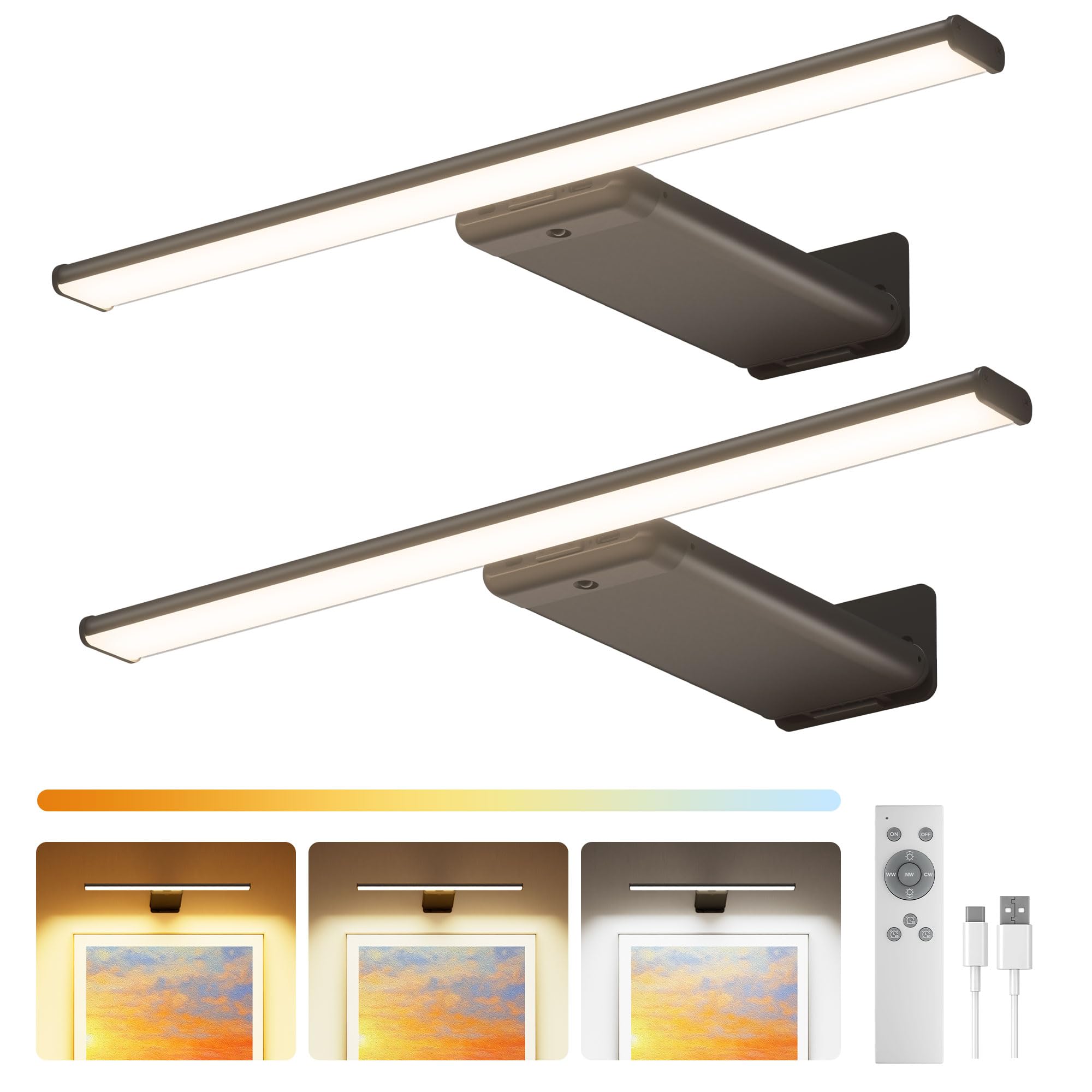 Bildbeleuchtung Kabellos, 12000mAh Akku Wiederaufladbare Bilderlampe mit Fernbedienung, Dimmbare LED Wandleuchte Innen für Bilder & Gemälde, 3 Farbtemperaturen,CRI 95+,Timer & Memory, Schwarz,2 Stück