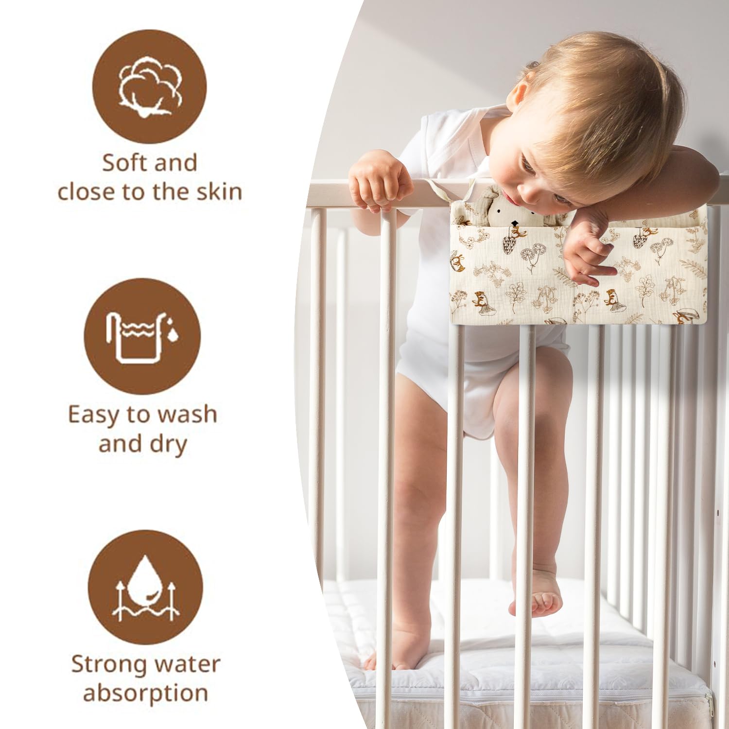 Organisateur Suspendu Pour Lit De Bébé AOOTUERL - 2 Poches Rangement Couches, Jouets - Motif Écureuil, Coton Doux - Beige