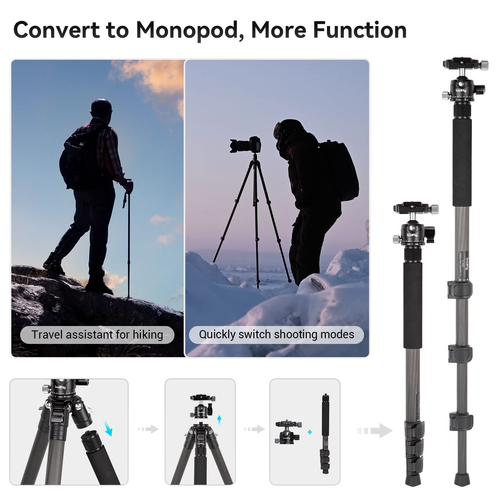 SMALLRIG Statyw do aparatu z włókna węglowego 132.1 cm, lekki statyw podróżny monopod z głowicą kulową 360° i płytką szybkiego zwalniania do lustrzanek cyfrowych, obciążenie do 12 kg, AP-10-4060
