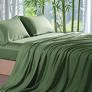 Shilucheng 100% Viscose Derived from Bamboo_ Sheets King Size 4pcs - Ultra Cooling & Silky Soft Bed Sheets, 16" Deep Pocket, Perfect for Hot Sleepers, Hotel Bedding Sheets (Olive)