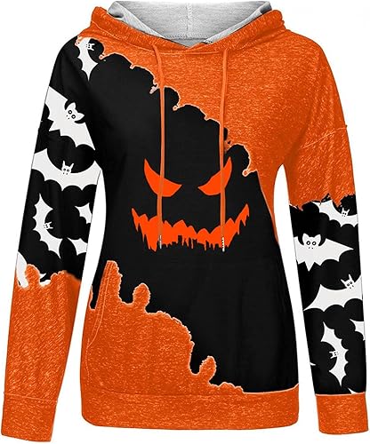 Miniatura 2 de Sudaderas de Halloween para mujer, bloque de color, manga larga, sudadera con capucha, casual, holgada, con cordón y bolsillos