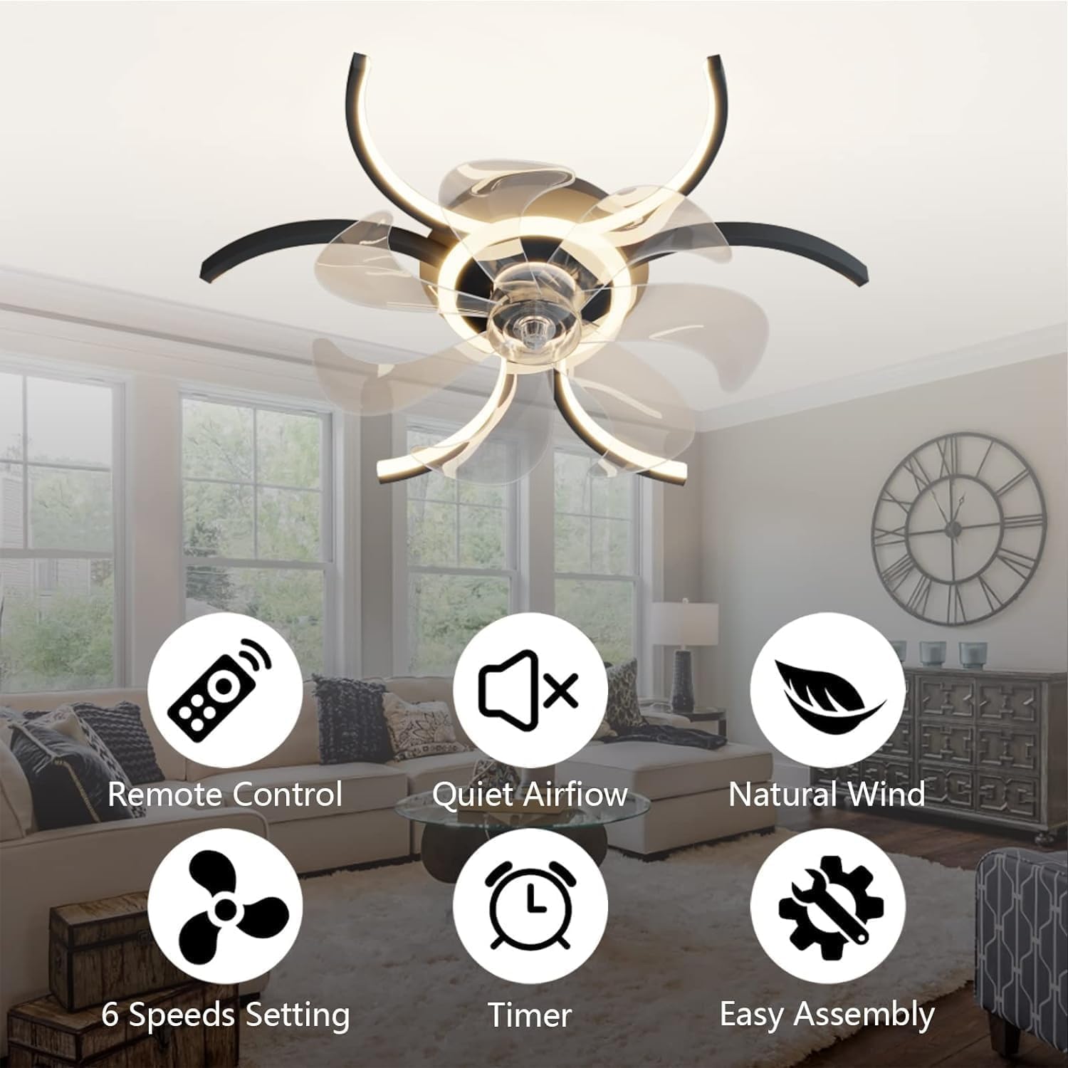 Nordic Creativity Black Led Ceiling Fan Light with Remote Control Interior Lighting Modern Large Bedroom Ceiling Lamp Fan Invisible Blade Dimmable 6-Speed Reversible Dc for Living Room/K