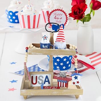 4th of July Decorations 6 Pcs Red White and Blue Tiered Tray Decor Set