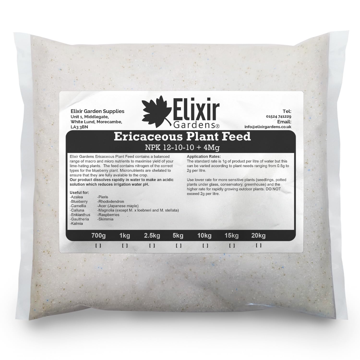 Elixir Gardens Soluble Ericaceous Fertiliser/Feed | Azalea, Rhododendron, Acer, Magnolia & Camellia Plant & Shrub Food | NPK: 12-10-10 + 4 | 15kg Polythene Bag