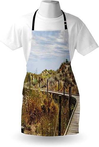 Miniatura 3 de Ambesonne Beach Pathway Apron, Wooden Boardwalk in the Dunes Leading to the Sandy Beach the Path by the Sea, Unisex Kitchen Bib with Adjustable Neck