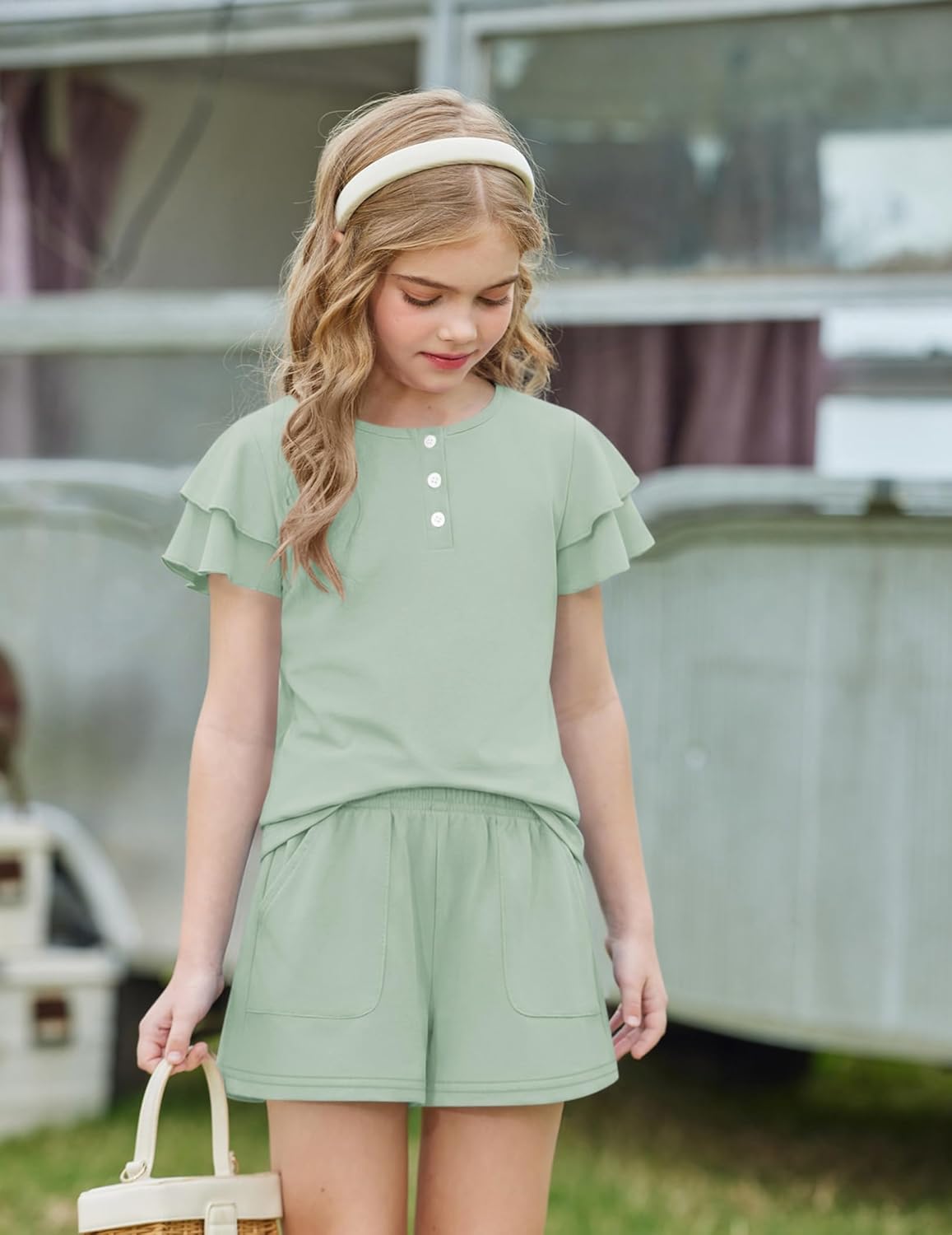 Arshiner Girls Summer Outfits 2 Piece Sets Ruffle Short Sleeve Button Down Shirts and Shorts Set Kids Clothes with Pockets - Image 5