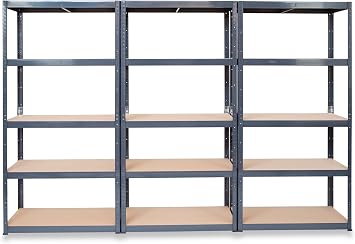 3 Bay Extra Deep Garage Shelving Racking Units – UK’s Bestselling Garage Storage Shelves - 600mm Deep - 200kg Per Shelf (Evenly Distributed) - 5 Level Unit - Metal & MDF Boltless Assembly