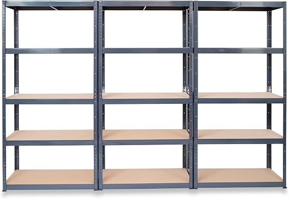 3 Bay Extra Deep Garage Shelving Racking Units – UK’s Bestselling Garage Storage Shelves - 600mm Deep - 200kg Per Shelf (Evenly Distributed) - 5 Level Unit - Metal & MDF Boltless Assembly
