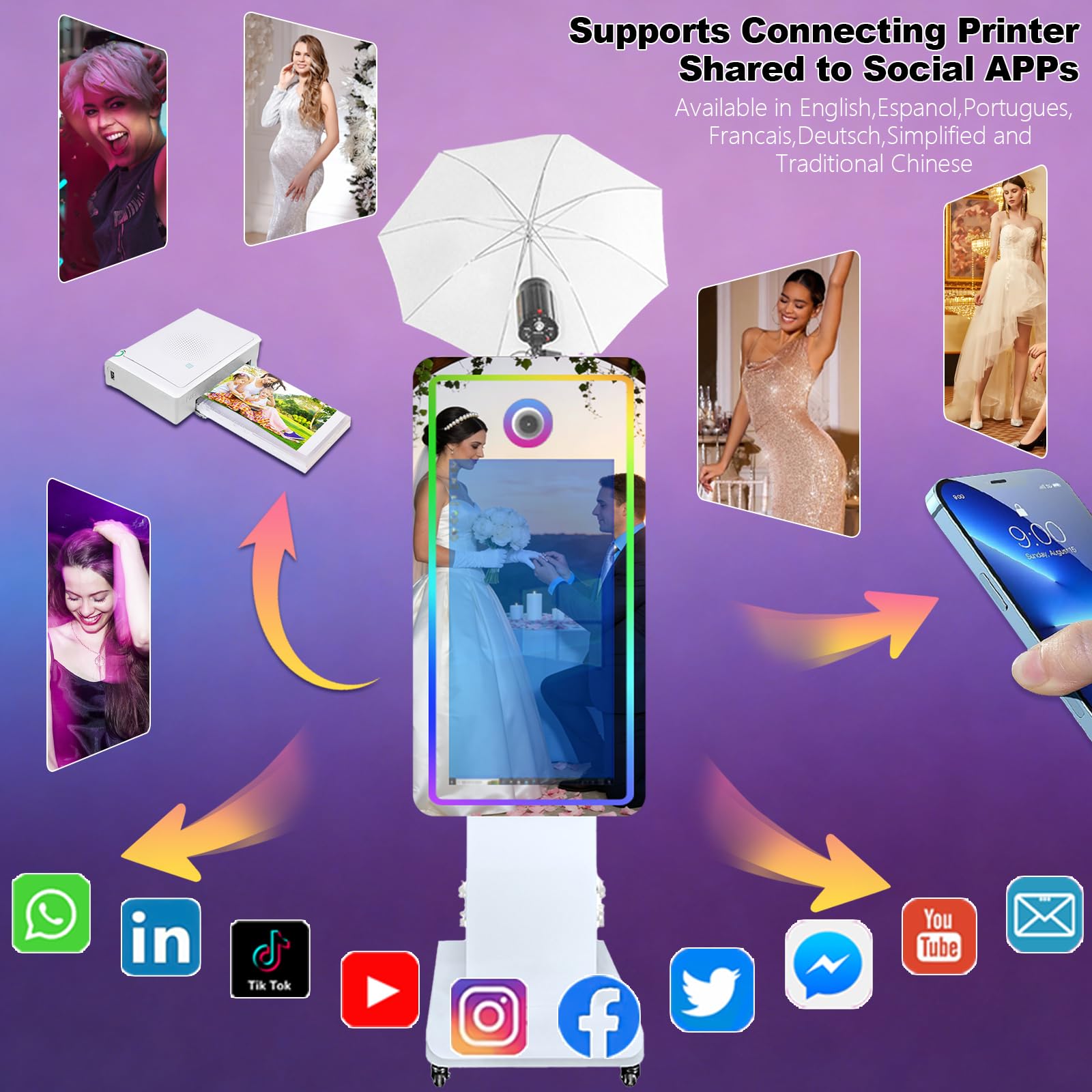 Soft-Light parasol, magiczne lustrzane fotobudka z ekranem dotykowym 81.3 cm, fotobudka do selfie z futerałem lotniczym, fotobudka RGB na imprezę (biała, fotobudka)