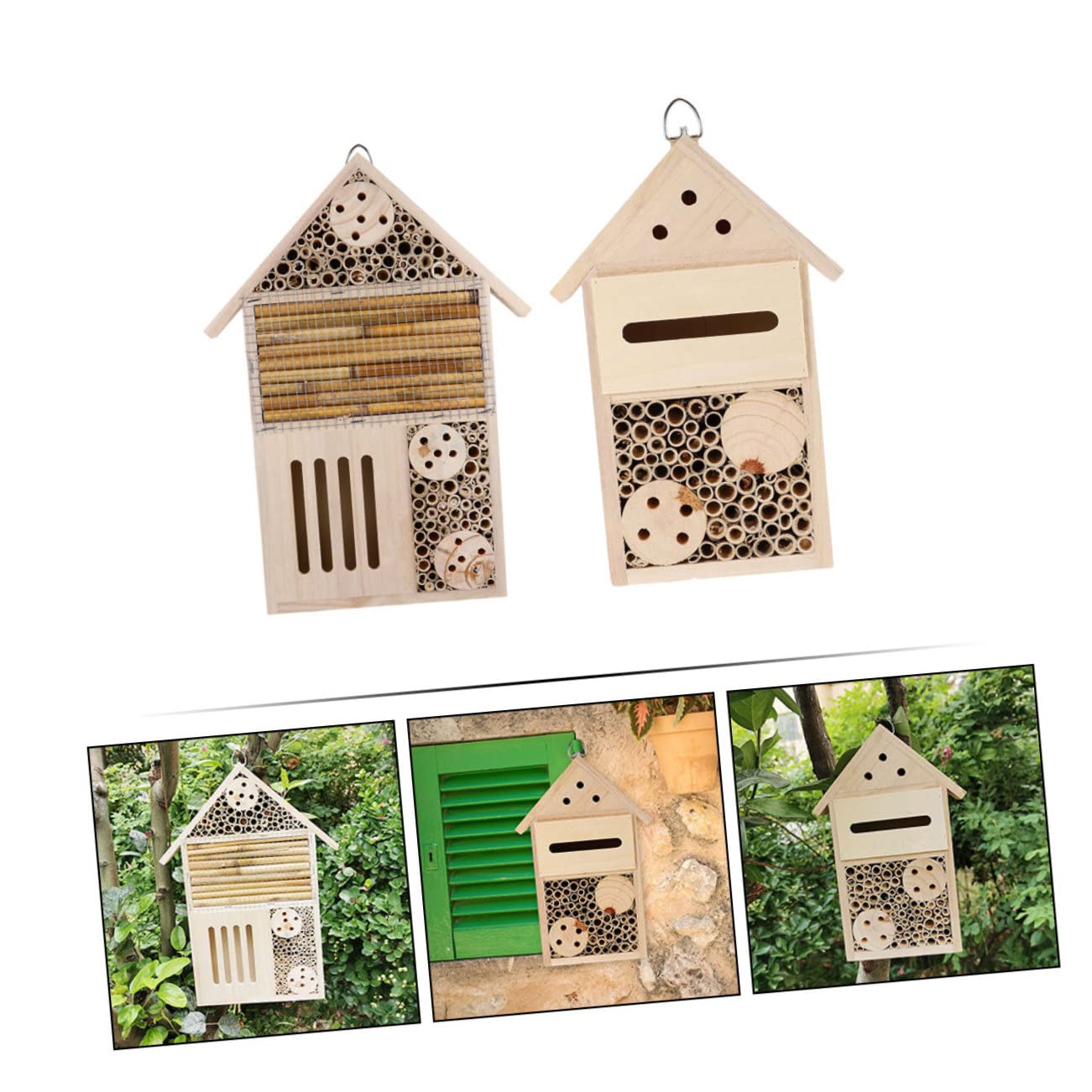 ERINGOGO 2Stücke Bienenhaus für Garten Holz Insektenhotel mit Aufhängung Dekoration für Wildbienen und Insekten Naturfreundliche Nisthilfe