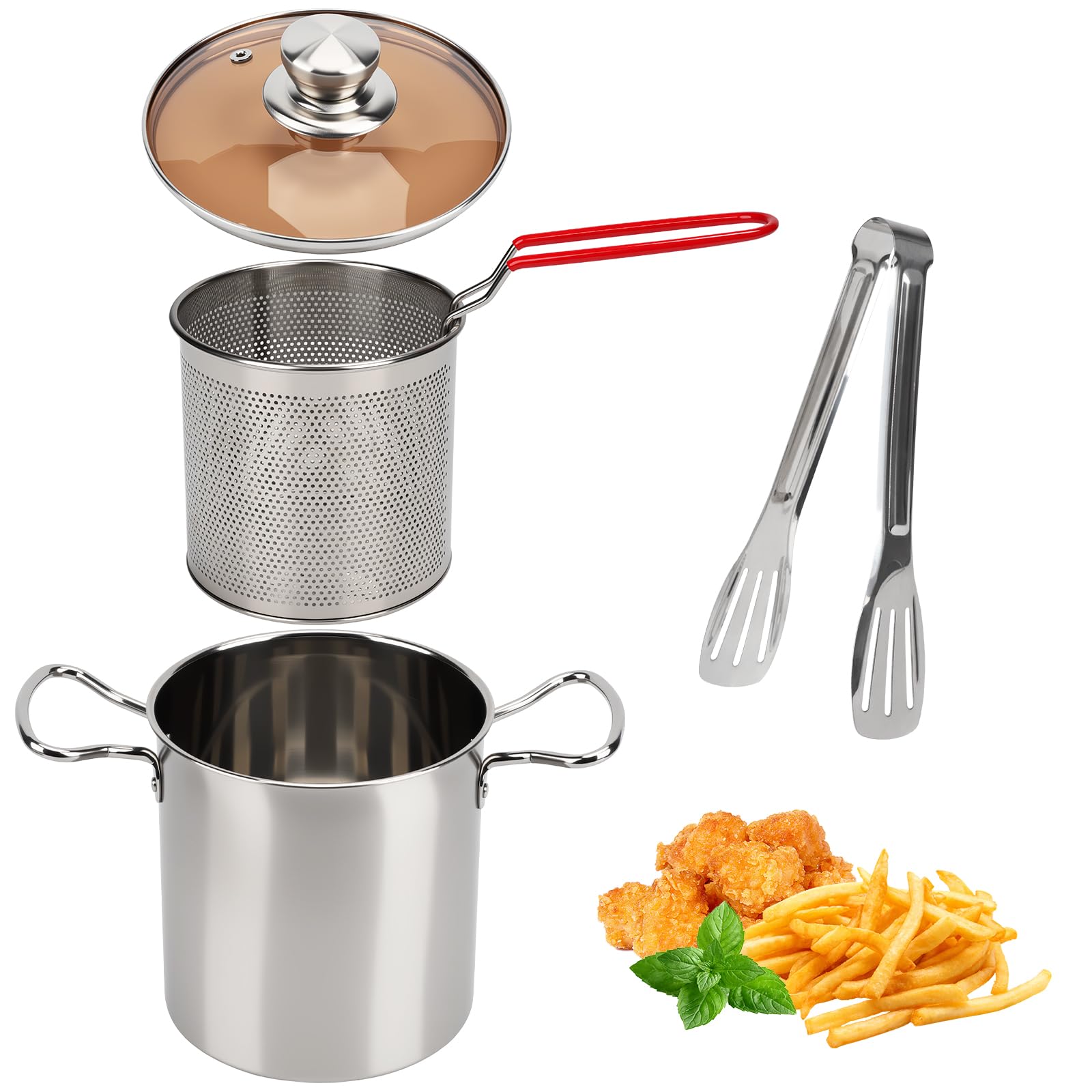 Deep Fryer Pot with Basket,Stainless Steel Mini Deep Fryer Pot with Lid and Clip,Japanese Style Tempura Frying Pan,Portable Large Capacity 2 in 1 Oil Strainer Pot for Kitchen Camping (Style D)