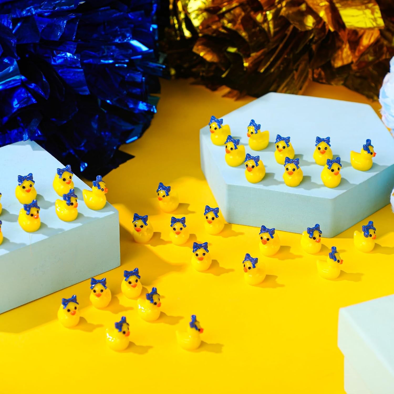 Weysat 60 Pcs Mini Cheer Resin Ducks Cheer Team Gifts Bulk Tiny Blue Bow Ducks Miniature Figurine Decoration Tabletop Shelf Centerpieces for Cheerleader Team Inspirational Gifts