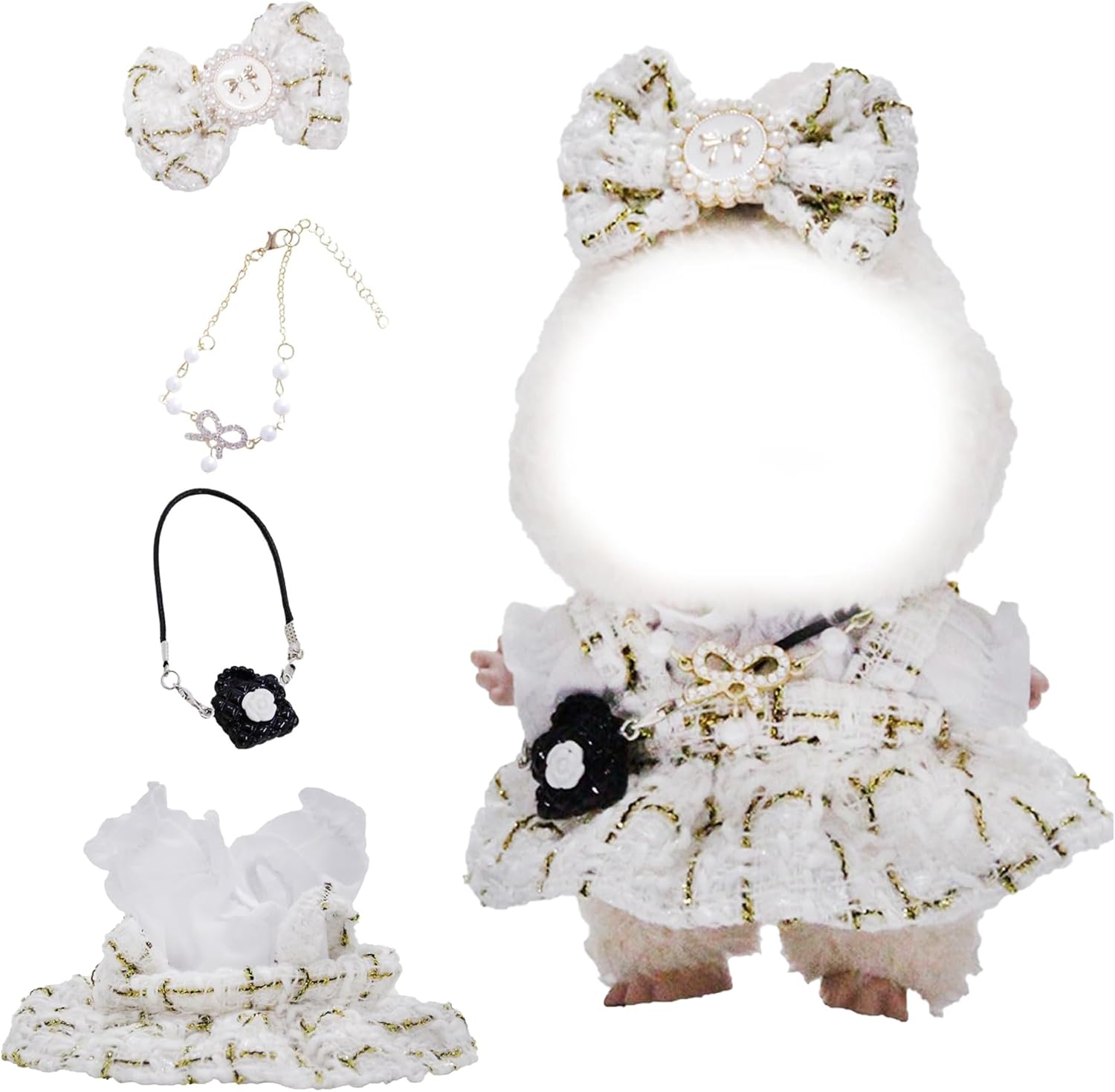 Clothes for labubu Doll(NO Doll),5-Piece Set,Outfits for labubu,17 cm Dolls Clothes and Accessories,Includes Dress,Clothes,Hair Bow,Necklace, Bag(Golden)