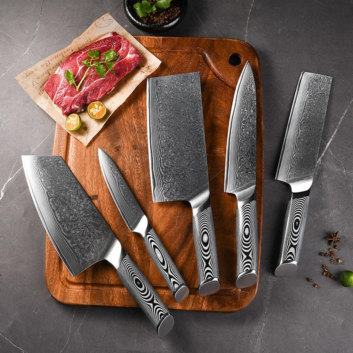 Knife Set 5 Piece Damascus Kitchen Knives Lightweight and Strong 67 Layers Blade Full Tang for Chopping Slicing