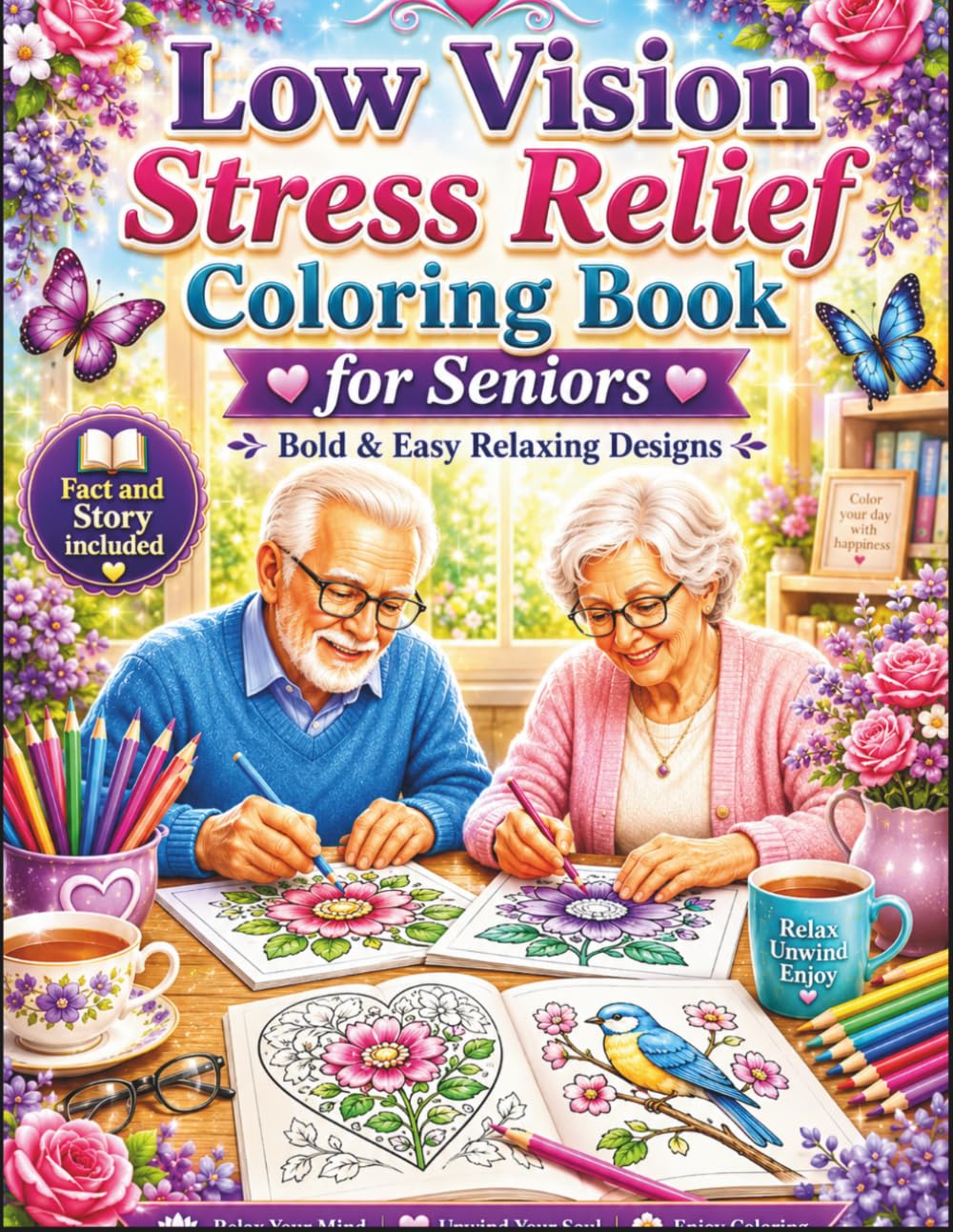 Low Vision Stress Relief Coloring Book for Seniors: Bold and Easy Relaxing Designs for Calm, Creativity, and Mindfulness: 50 Large Print Coloring ... Adults with Low Vision, and Stress Relief
